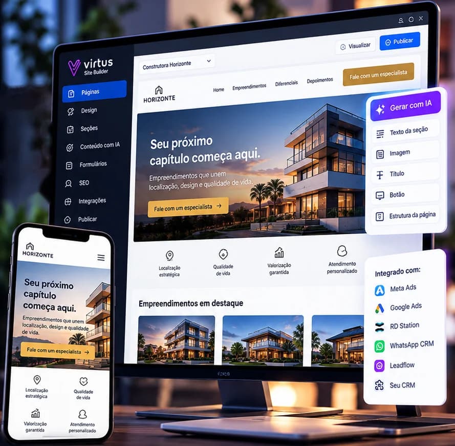 Virtus Site Builder: editor de landing page con generación por IA, integraciones y la página lista en el celular
