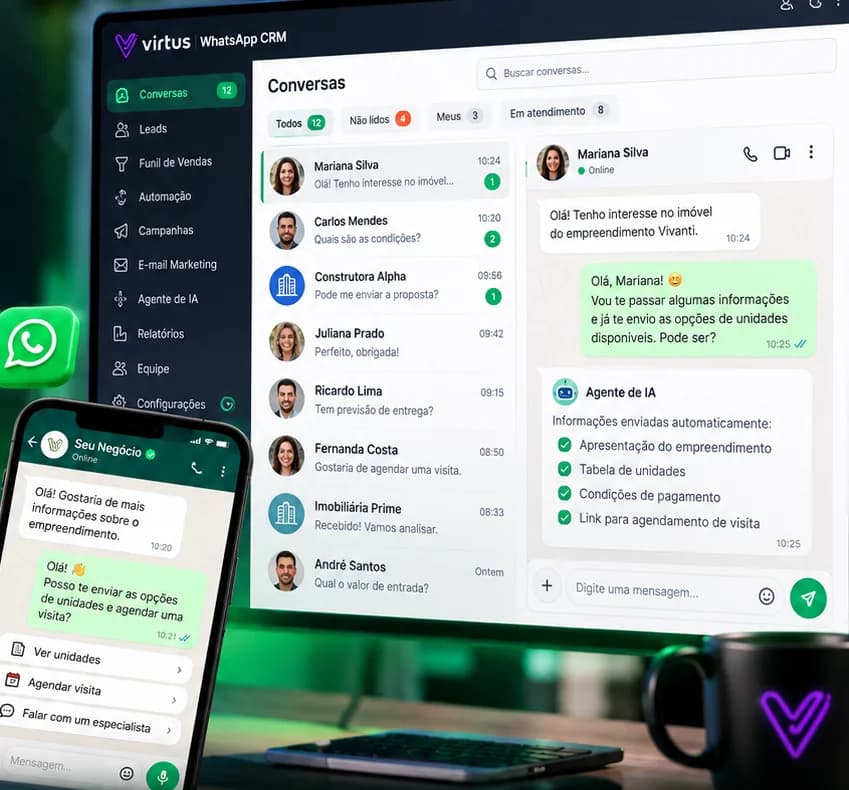Virtus WhatsApp CRM: the team's chat inbox, the AI agent replying and a customer served on their phone